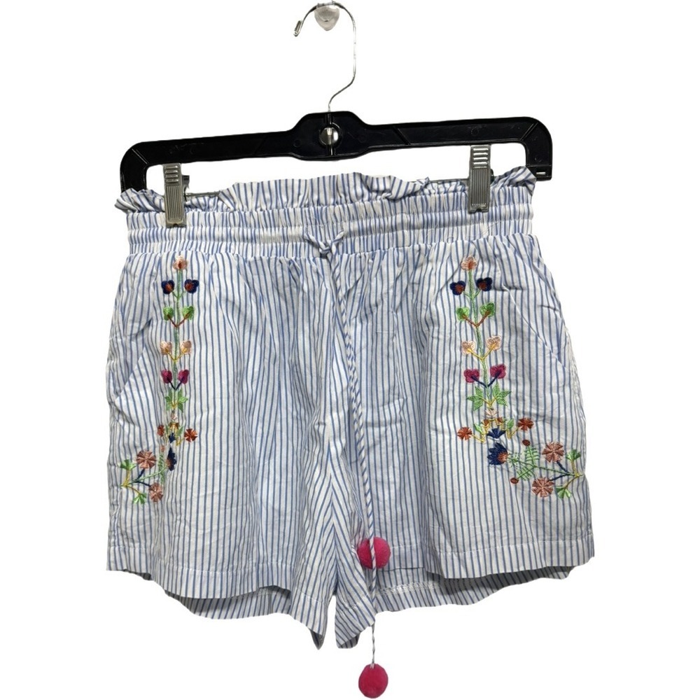 Hazel Floral Embroidered Blue & White Striped Shorts 100% Cotton Size M Pompom